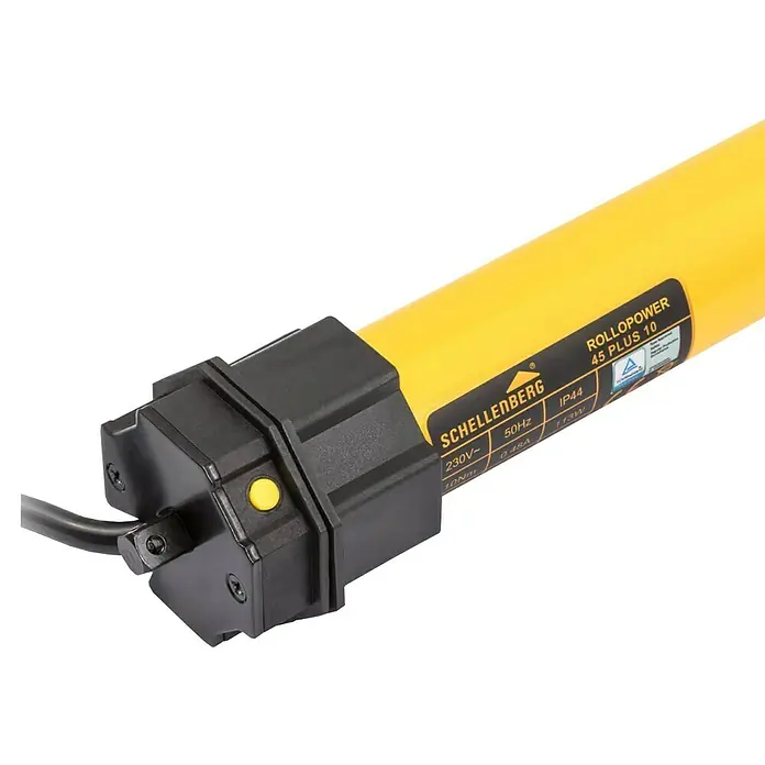 Schellenberg Motor tubular Maxi Plus - Superficie de persiana enrollable máx.: 4,2 m² para persianas de plástico, Longitud de instalación: 555 mm, Fuerza de tracción: 20 kg - Primer plano de un motor de persiana enrollable Schellenberg Rollopower 45 Plus 10, diseñado para operar persianas.