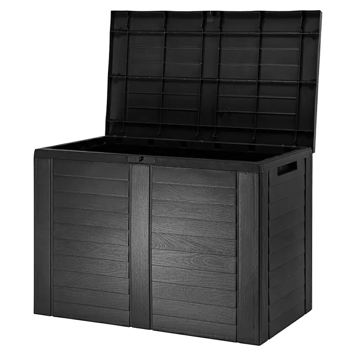Kissenbox Stan - B x T x H: 75 x 44 x 53 cm, Kunststoff, Schwarz - Ein detailreiches Bild einer schwarzen Gartenbox mit offenem Deckel, ideal zur Aufbewahrung im Außenbereich. Die Holzoptik verleiht eine stilvolle Note.