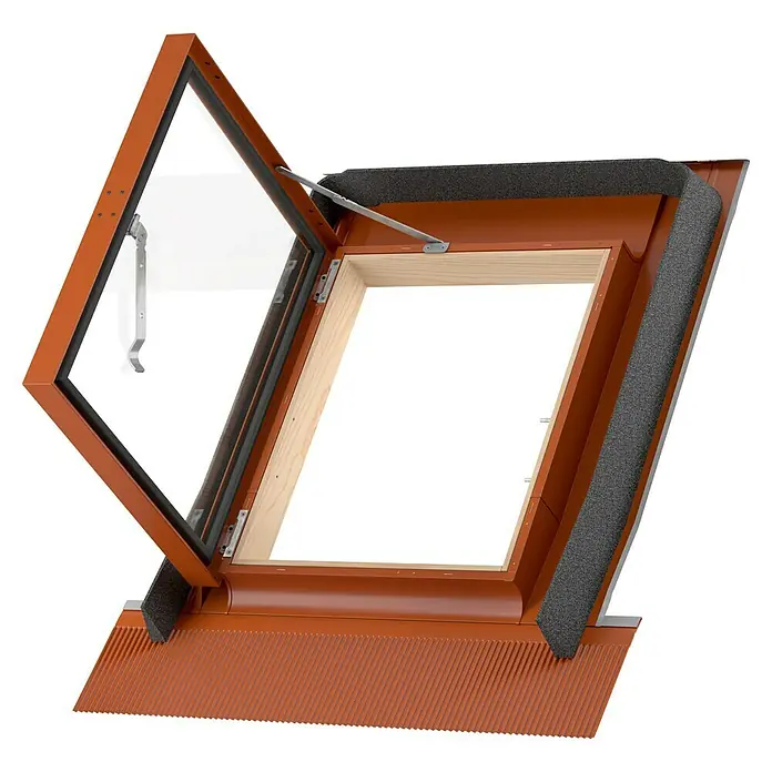 Dachausstieg - 45 x 55 cm, Farbton außen: RAL 8004, Mit Öffnungsbegrenzer - Das Bild zeigt ein Dachfenster in geöffnetem Zustand. Das braune Fenster ist in ein Ziegeldach integriert und lässt viel Licht herein.