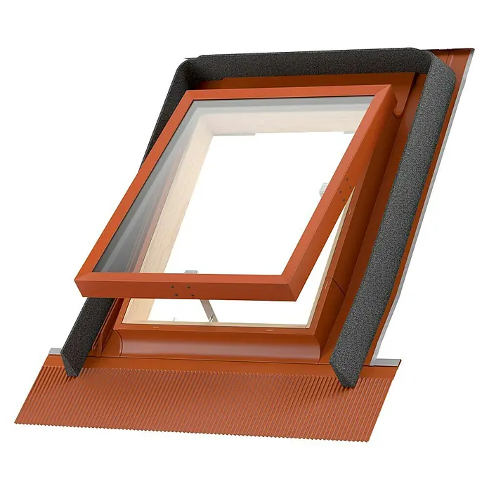 Dachausstieg - 45 x 55 cm, Farbton außen: RAL 8004 - Eine Nahaufnahme eines Dachfensters mit braunem Rahmen, umgeben von einer grauen Dichtung für zusätzliche Isolierung.