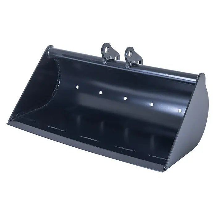 Scheppach Böschungslöffel - Passend für: Scheppach Mini-Bagger EXC815, L x B x H: 70 x 40,5 x 22 cm - Nahaufnahme einer schwarzen Baggerschaufel mit Befestigungsösen und Löchern. Ideal für schwere Erdbewegungsarbeiten.