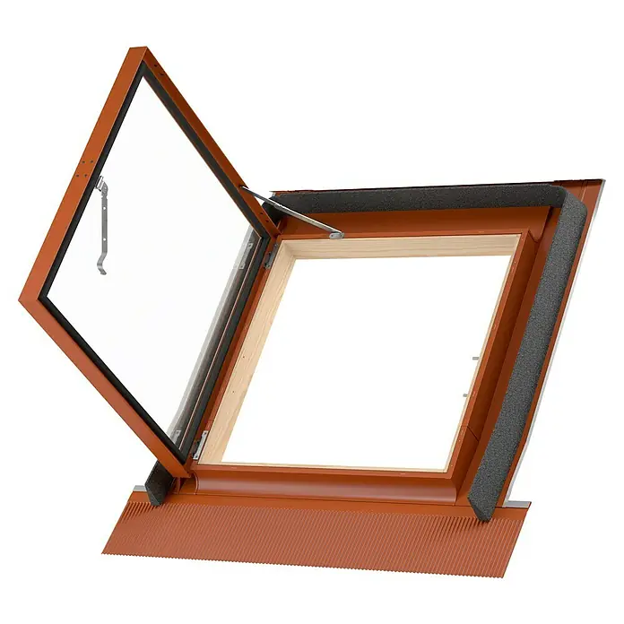 Dachausstieg - 65 x 65 cm, Farbton außen: RAL 8004, Mit Öffnungsbegrenzer - Ein Dachfenster aus Terrakotta ist geöffnet, um die Luft hereinzulassen. Es sitzt auf einem geneigten Dach und sorgt für Licht und Belüftung.