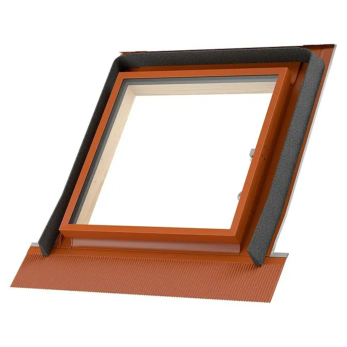 Dachausstieg - 65 x 65 cm, Farbton außen: RAL 8004, Mit Öffnungsbegrenzer - Nahaufnahme eines Dachfensters mit braunem Rahmen und Isolierung. Das Fenster ist in einem Dach installiert und zeigt die Konstruktionsdetails.