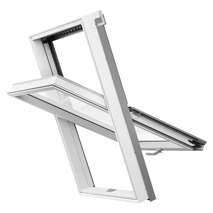 Solid Elements Dachfenster Pro Thermo - 114 x 118 cm - Perspektive eines weißen Dachfensters, das nach oben geöffnet ist, vor einem dunklen Hintergrund.