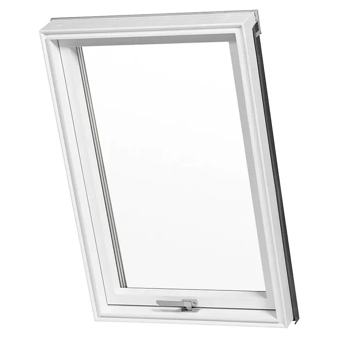 Solid Elements Dachfenster Pro Thermo - 114 x 118 cm - Ein Dachfenster mit weißem Rahmen und einem Griff zum Öffnen und Schließen, ideal für Dachgeschosse.