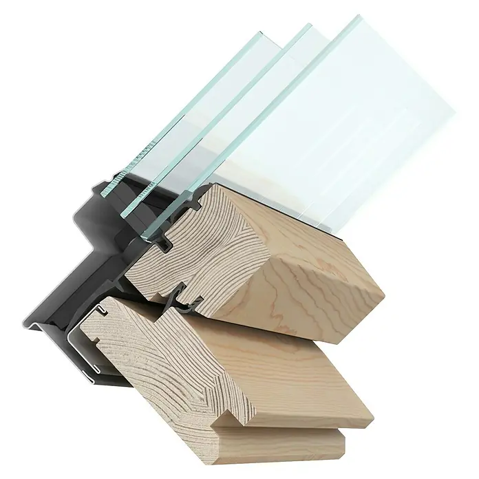 Solid Elements Dachfenster Thermo - 78 x 140 cm - Detailansicht eines Dachfensterschnitts mit Holzrahmen und Verglasung, die die Konstruktion und Materialien zeigt.
