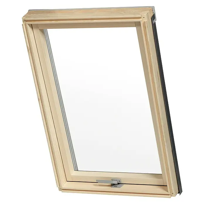 Solid Elements Dachfenster Thermo - 66 x 118 cm - Holz-Dachfenster mit Griff in einer schrägen Ansicht, isoliert auf einem schwarzen Hintergrund.