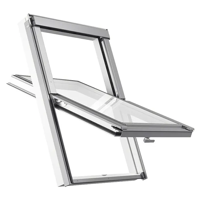 Solid Elements Dachfenster Pro Thermo - 114 x 118 cm - Dachfenster Detailansicht. Das Fenster ist geöffnet und zeigt die hochwertige Verarbeitung und das Design des Fensters.