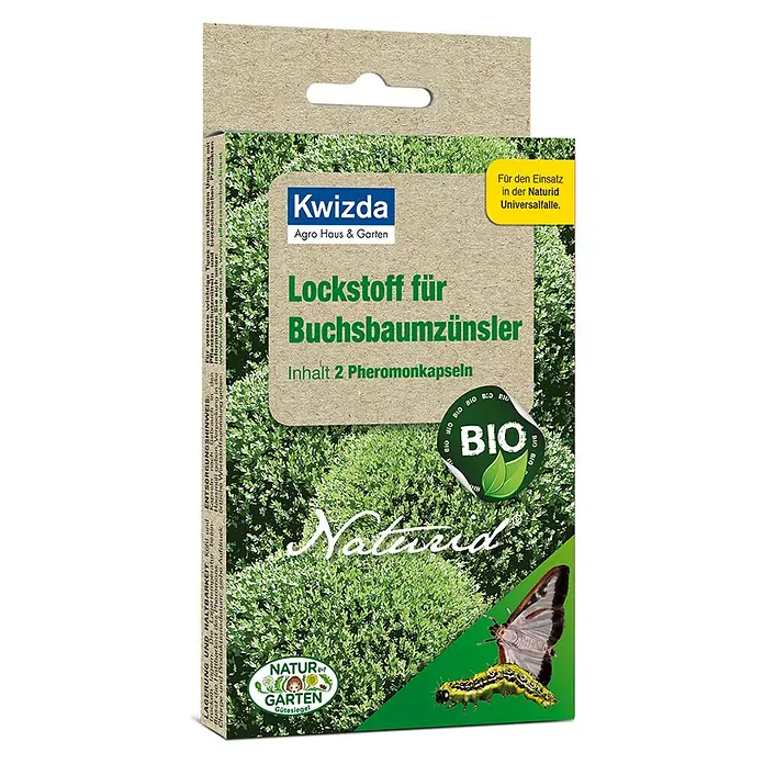 Buchsbaumzünsler-Lockstoff - 4 Stk. - Köder für Buchsbaumzünsler von Kwizda Agro Haus & Garten. Bio-Qualität, enthält 2 Pheromonkapseln zur Anwendung in der Naturid Universalfalle.
