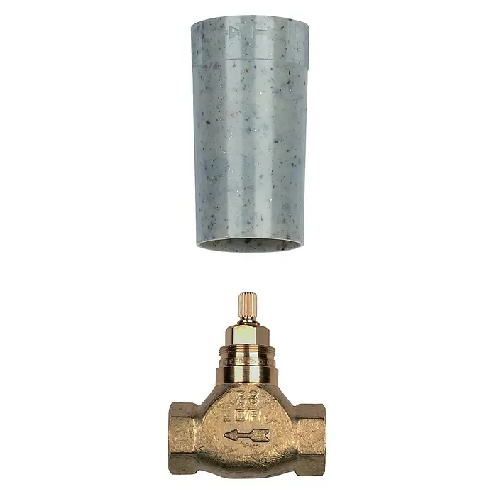 Grohe Unterputzventil-Unterteil 1 - ½″, Messing - Nahaufnahme eines Bronze-Absperrventils mit dazugehörigem grauen Kunststoffgehäuse für Sanitäranwendungen.
