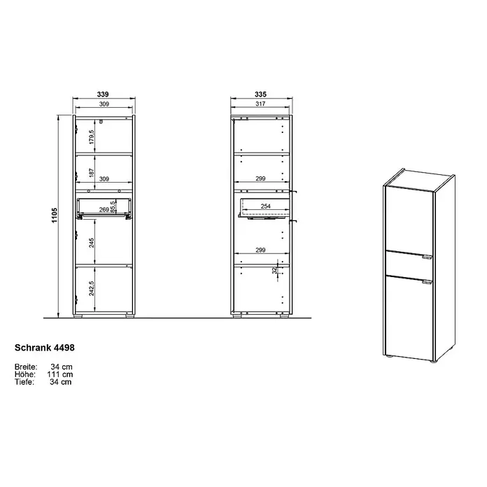 Germania Forano Hochschrank - B x T x H: 34 x 34 x 111 cm, Graphit/Eiche - Abbildung eines Schranks Modell 4498 mit den Maßen Breite 34 cm, Höhe 111 cm und Tiefe 34 cm, dargestellt als technische Zeichnung und isometrische Ansicht.