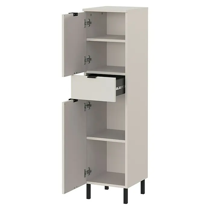 Germania Arcena Midischrank - B x T x H: 30 x 34 x 120 cm, Kaschmir - Ein weißer Badezimmerschrank mit Regalen, einer Schublade und zwei Türen, die einen einfachen Zugang zum Stauraum ermöglichen.