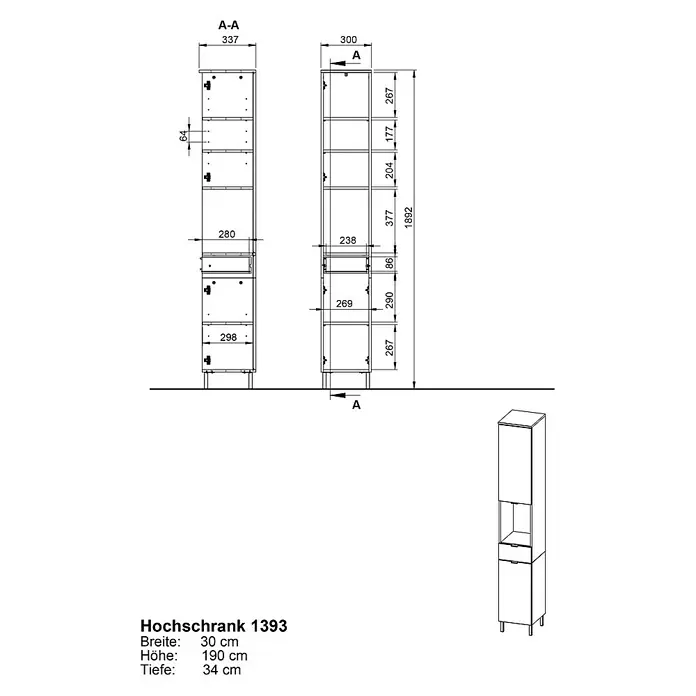 Germania Arcena Hochschrank - B x T x H: 30 x 34 x 190 cm, Graphit - Abbildung des Hochschranks 1393 mit den Breiten-, Höhen- und Tiefenmaßen. Der Schrank ist ein schlankes, modernes Möbelstück.