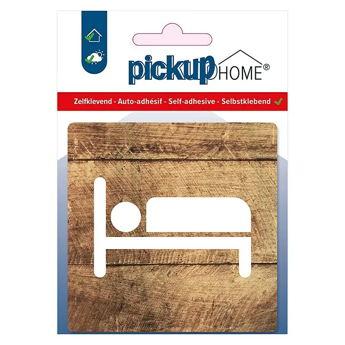 Pickup Etiqueta adhesiva - L x An: 9 x 9 cm, Dormitorio, Madera/Blanco - Primer plano de una pegatina "Pickup HOME" con un diseño de cama sobre una textura de madera. Autoadhesivo para una fácil aplicación.