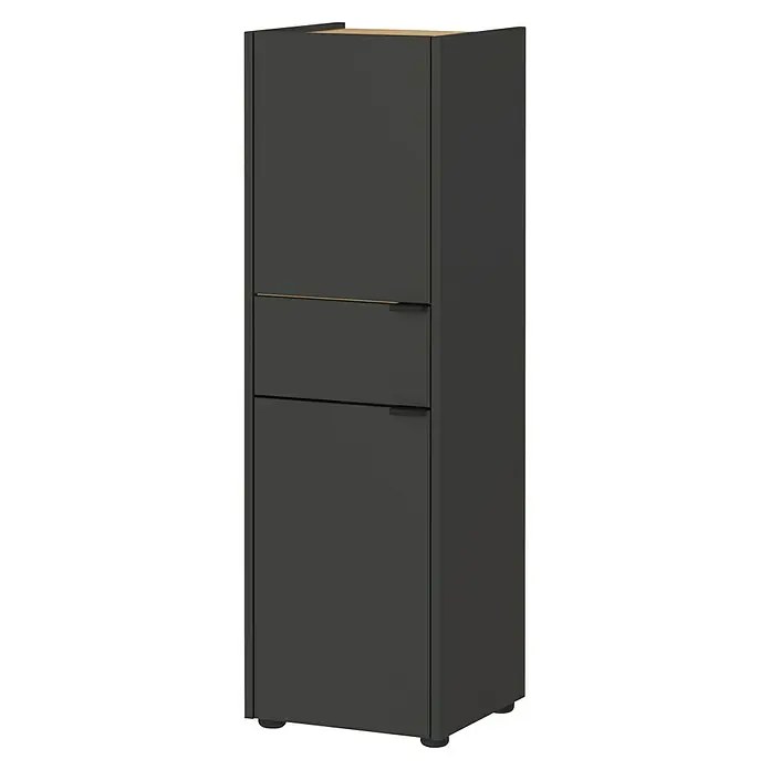 Germania Forano Hochschrank - B x T x H: 34 x 34 x 111 cm, Graphit/Eiche - Ein moderner grauer Schrank mit zwei Türen und minimalistischen Griffen, ideal für stilvolle Aufbewahrungslösungen im Wohnbereich.
