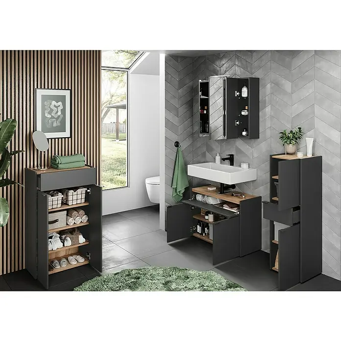 Germania Forano Kommode - L x B x H: 34 x 60 x 98 cm, Graphit/Eiche - Ein stilvolles Badezimmer mit modernen Badmöbeln in Grau und Holzoptik, die Stauraum und Design vereinen.