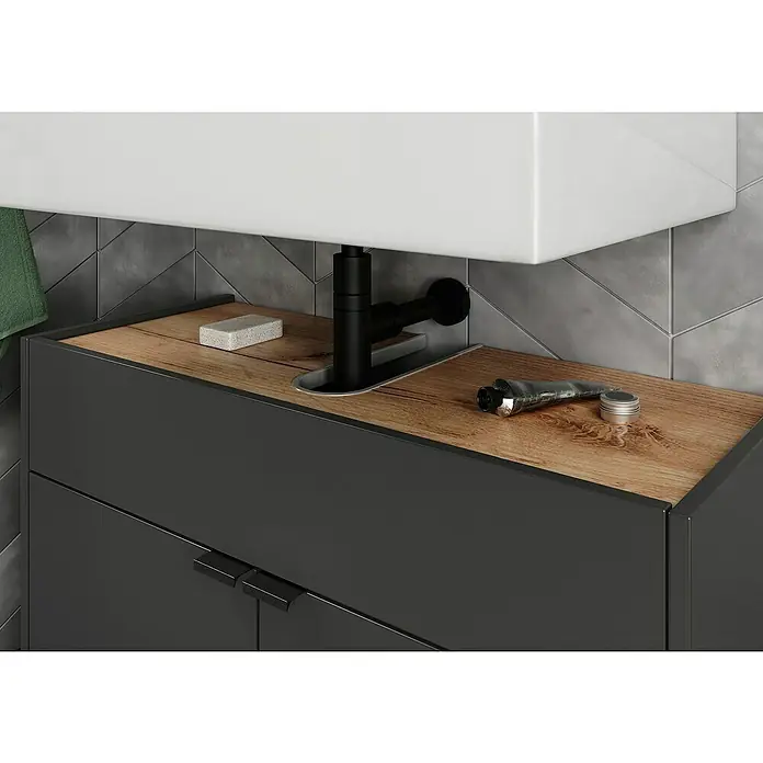 Germania Forano Waschtischunterschrank - B x T x H: 80 x 34 x 60 cm, Graphit/Eiche - Moderne Waschtischkombination mit grauen Schränken und einer rustikalen Holzplatte, ideal für stilvolle Badezimmer.