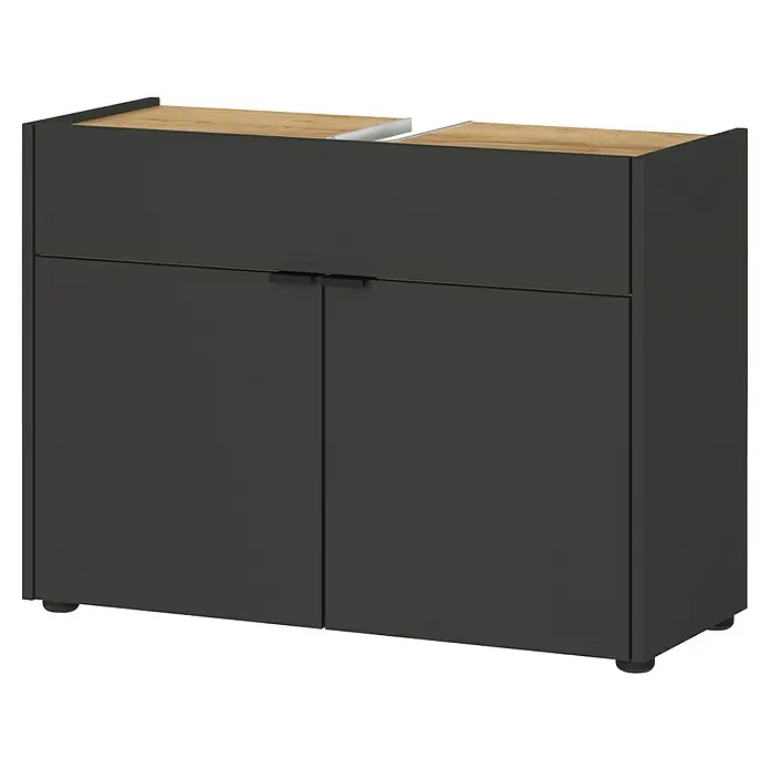 Germania Forano Waschtischunterschrank - B x T x H: 80 x 34 x 60 cm, Graphit/Eiche - Grauer Waschbeckenunterschrank mit zwei Türen und einer Holzplatte auf der Oberseite.