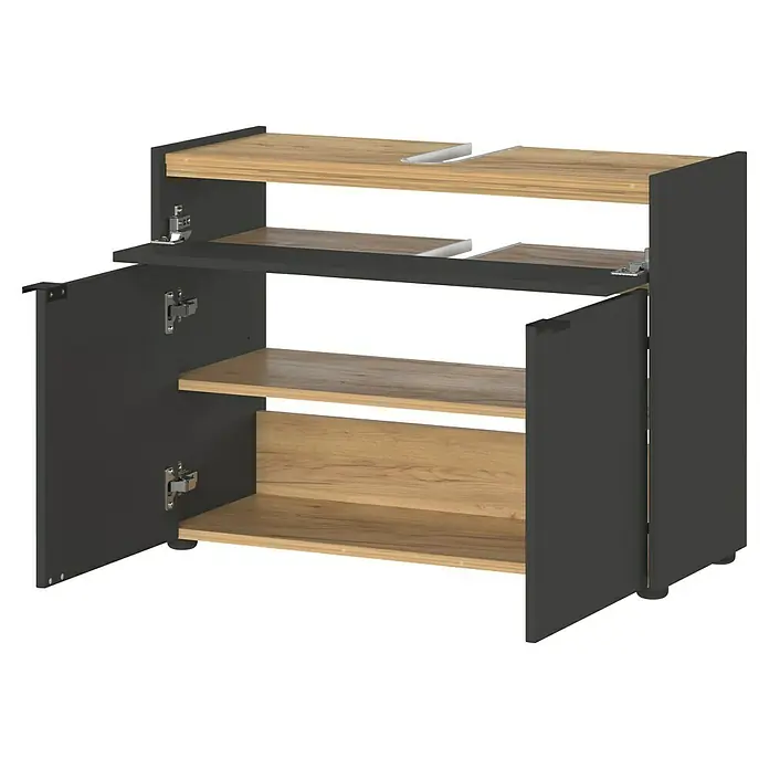 Germania Forano Waschtischunterschrank - B x T x H: 80 x 34 x 60 cm, Graphit/Eiche - Ein Waschbeckenunterschrank in dunkler Farbe mit Holzregalen und offenen Türen, ideal für Badezimmer.
