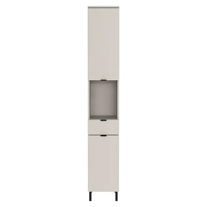 Germania Arcena Hochschrank - B x T x H: 30 x 34 x 190 cm, Kaschmir - Ein weißer Schrank mit schwarzen Griffen, bestehend aus Schubladen und Regalen, der viel Stauraum bietet. Ideal für moderne Einrichtungen.