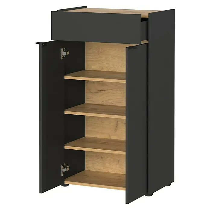 Germania Forano Kommode - L x B x H: 34 x 60 x 98 cm, Graphit/Eiche - Elegantes, graues Sideboard mit einer Schublade und zwei offenen Türen, die vier helle Holzregale freigeben.