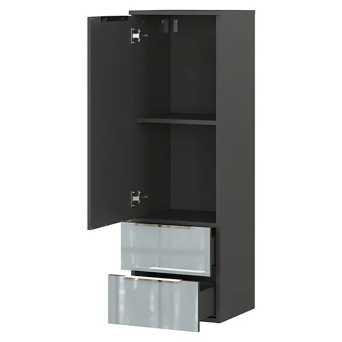 Germania Vasio Midischrank - B x T x H: 36 x 34 x 111 cm, Graphit/Silbergrau - Hier ist ein Foto eines grauen Badezimmerschranks mit einer geöffneten Tür und zwei Schubladen, die leicht geöffnet sind.
