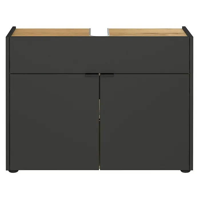 Germania Forano Waschtischunterschrank - B x T x H: 80 x 34 x 60 cm, Graphit/Eiche - Moderner Badezimmerschrank mit grauen Fronten und einer hellen Holzplatte. Die schlichte Formgebung fügt sich nahtlos in jedes Bad ein.
