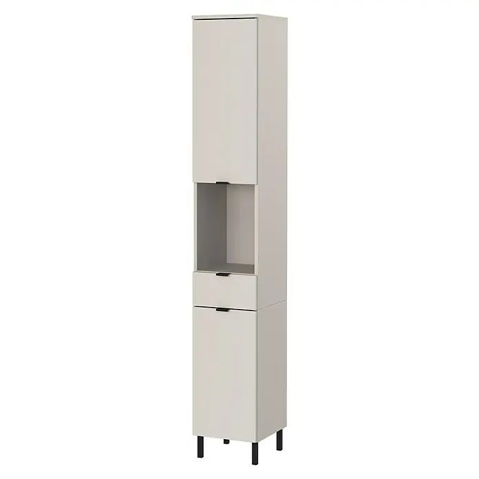 Germania Arcena Hochschrank - B x T x H: 30 x 34 x 190 cm, Kaschmir - Grauer Hochschrank mit einem Fach oben, einem offenen Fach in der Mitte, einer Schublade und einem Schrank unten, ideal für Badezimmer oder Küche.
