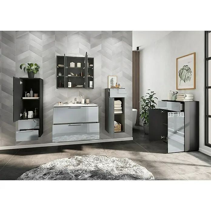 Germania Vasio Midischrank - B x T x H: 36 x 34 x 111 cm, Graphit/Silbergrau - Elegantes Badezimmer-Set in Grau und Schwarz mit Waschtisch, Spiegelschrank und Hochschränken für ein stilvolles Ambiente.