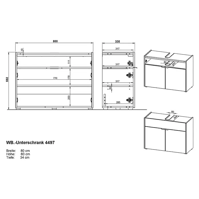 Germania Forano Waschtischunterschrank - B x T x H: 80 x 34 x 60 cm, Graphit/Eiche - Technische Zeichnung des WB.-Unterschranks 4497 mit Breiten-, Höhen- und Tiefenangaben für eine detaillierte Produktansicht.