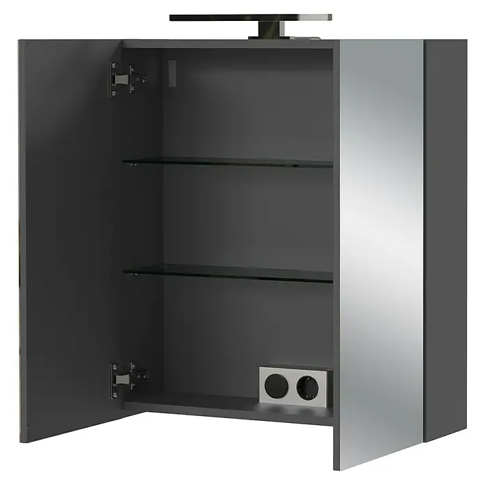 Germania Arcena LED-Spiegelschrank - B x H: 60 x 71 cm, Holz, Graphit - Offener Spiegelschrank mit Glasablagen und integrierter Steckdose, ideal für Badezimmerutensilien und elektrische Geräte.