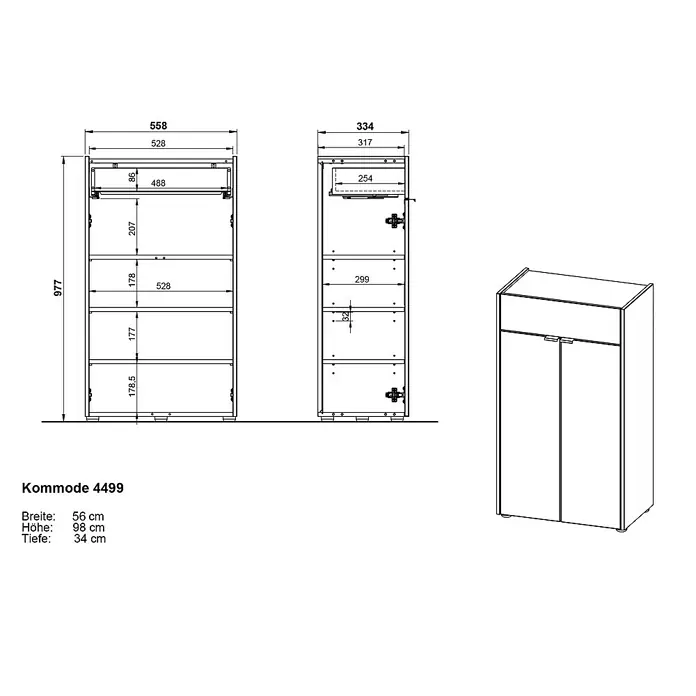 Germania Forano Kommode - L x B x H: 34 x 60 x 98 cm, Graphit/Eiche - Abbildung der Kommode 4499 mit den Maßen 56 cm Breite, 98 cm Höhe und 34 cm Tiefe. Die Skizze zeigt alle Details des Produkts.
