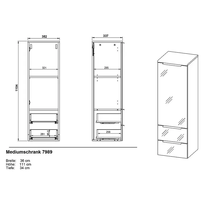Germania Vasio Midischrank - B x T x H: 36 x 34 x 111 cm, Graphit/Silbergrau - Abbildung eines Medizinschranks 7989 mit den Maßen Breite 36 cm, Höhe 111 cm und Tiefe 34 cm, dargestellt in einer technischen Zeichnung.