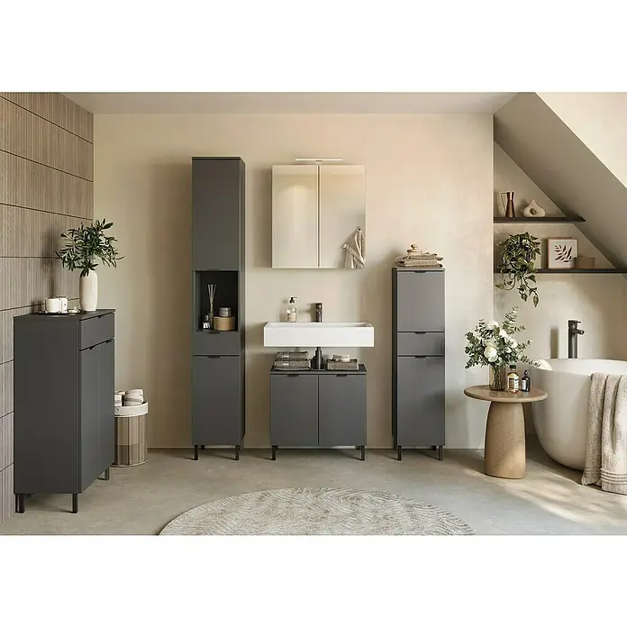 Germania Arcena Midischrank - B x T x H: 30 x 34 x 120 cm, Graphit - Elegantes Badezimmer-Set mit grauen Schränken, Waschbeckenunterschrank und Spiegelschrank, kombiniert Funktionalität mit modernem Design.
