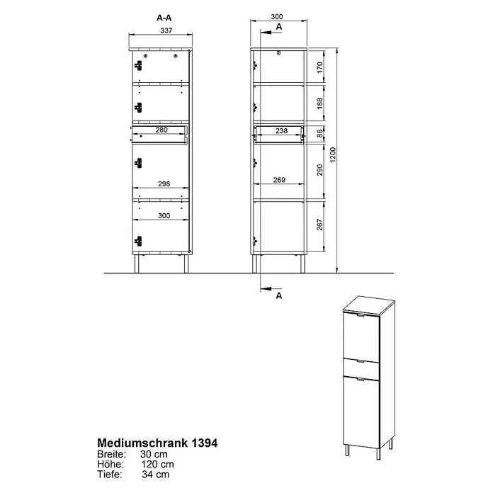 Germania Arcena Midischrank - B x T x H: 30 x 34 x 120 cm, Graphit - Abbildung eines Badezimmerschranks Mediumschrank 1394 mit Maßen. Der Schrank ist schmal und hoch, mit einer Schublade und zwei Türen.