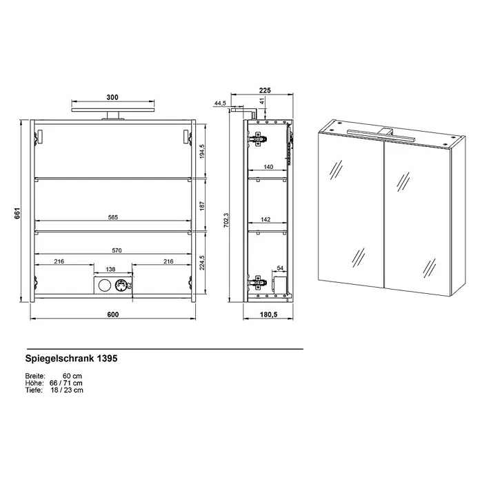 Germania Arcena LED-Spiegelschrank - B x H: 60 x 71 cm, Holz, Graphit - Abbildung eines Spiegelschranks 1395 mit Maßen, Breite 60cm, Höhe 66/71cm, Tiefe 18/23cm, für eine präzise Planung Ihres Badezimmers.
