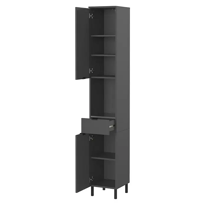 Germania Arcena Hochschrank - B x T x H: 30 x 34 x 190 cm, Graphit - Bild eines modernen, hohen Badezimmerschranks in Grau mit offenen Türen und einer Schublade, der Stauraum bietet.