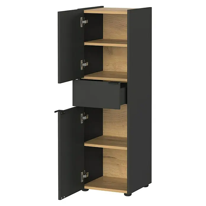 Germania Forano Hochschrank - B x T x H: 34 x 34 x 111 cm, Graphit/Eiche - Abbildung eines offenen, grauen Badezimmerschranks mit Holzeinlegeböden und einer Schublade in der Mitte.