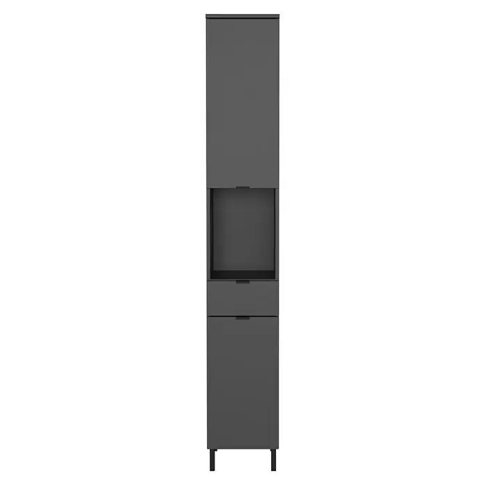 Germania Arcena Hochschrank - B x T x H: 30 x 34 x 190 cm, Graphit - Abbildung eines grauen, hochformatigen Schranks mit zwei Schubladen und einem offenen Fach in der Mitte für stilvolle Aufbewahrung.
