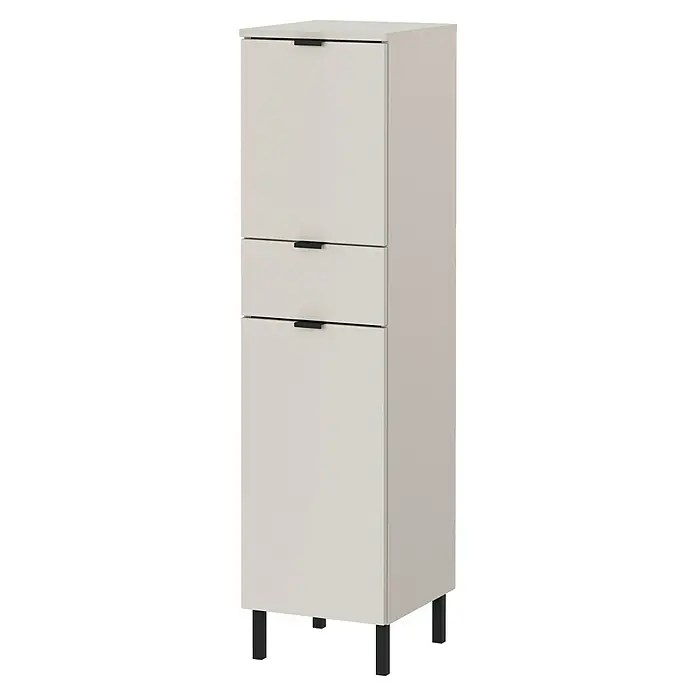 Germania Arcena Midischrank - B x T x H: 30 x 34 x 120 cm, Kaschmir - Ein minimalistischer, weißer Schuhschrank mit drei Schubladen und schwarzen Griffen, ideal für eine ordentliche Aufbewahrung.