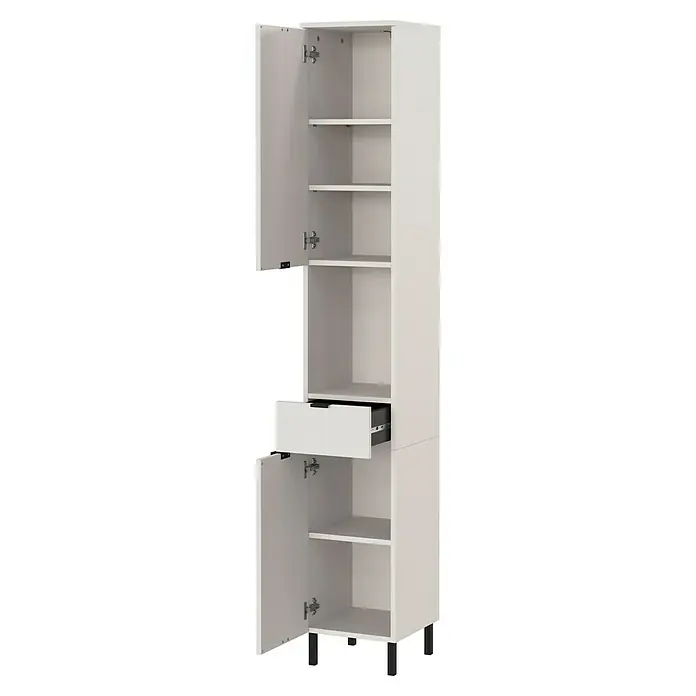 Germania Arcena Hochschrank - B x T x H: 30 x 34 x 190 cm, Kaschmir - Das Bild zeigt einen weißen Badezimmerschrank mit offenen Türen, mehreren Regalen und einer Schublade. Der Schrank steht auf schwarzen Füßen.