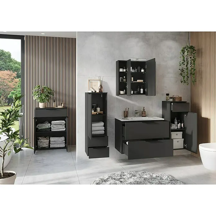 Germania Crandon Midischrank - B x T x H: 36 x 34 x 111 cm, Graphit - Modernes Badezimmer-Set in Anthrazit mit Waschtisch, Spiegelschrank und verschiedenen Schränken zur stilvollen Badgestaltung.