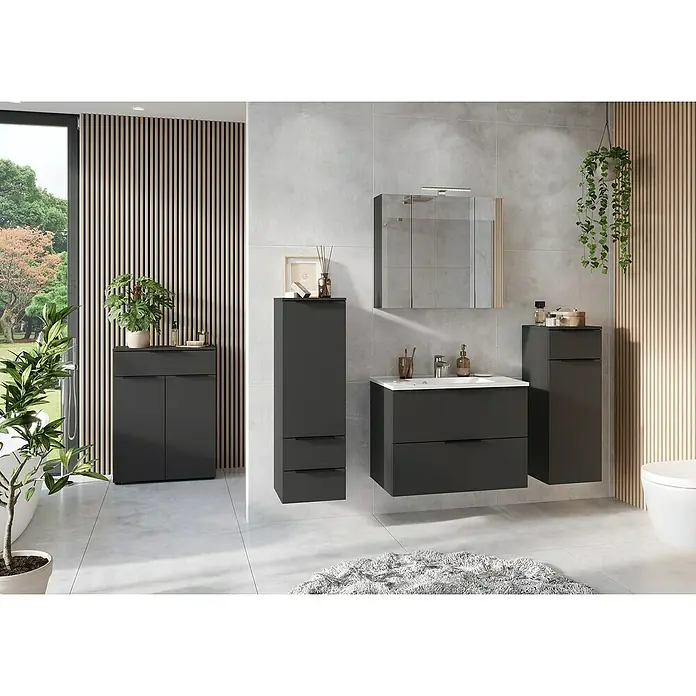 Germania Crandon Midischrank - B x T x H: 36 x 34 x 111 cm, Graphit - Ein modernes Badezimmer-Ensemble mit grauen Waschtischen, einem Spiegelschrank und hochmodernen Details für ein stilvolles Ambiente.