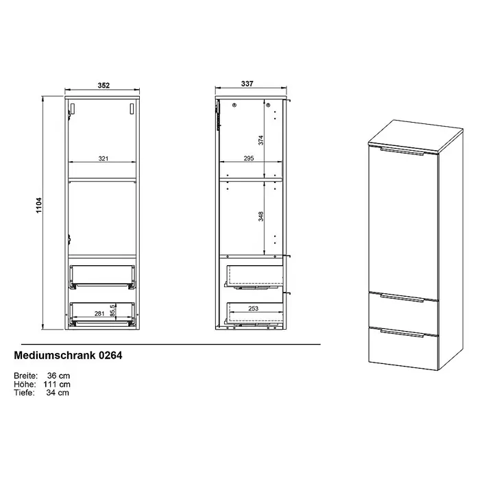 Germania Crandon Midischrank - B x T x H: 36 x 34 x 111 cm, Graphit - Abbildung eines Mediumschranks 0264 mit technischen Zeichnungen, der Details zu Breite, Höhe und Tiefe des Produkts enthält.