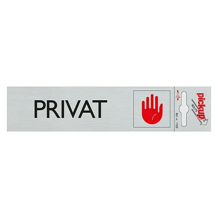 Pickup Rótulo - Altura: 4,4 cm, Poliestireno, Privado - La imagen muestra un letrero con la inscripción "Privat", un símbolo de mano roja y la indicación "Pickup Route".
