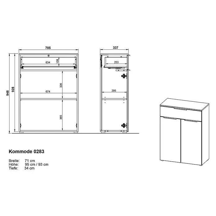 Germania Crandon Kommode - L x B x H: 34 x 71 x 95 cm, Graphit - Produktbild Kommode 0283, Breite 71cm, Höhe 95/93cm, Tiefe 34cm. Technische Zeichnung & perspektivische Darstellung der Kommode.