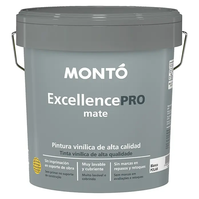 Montó Pintura para paredes y techos Excellence PRO - Blanco, Mate, 4 l - Aquí hay un cubo de pintura Montó ExcellencePRO Mate. Pintura vinílica de alta calidad para interiores, ideal para un acabado impecable.