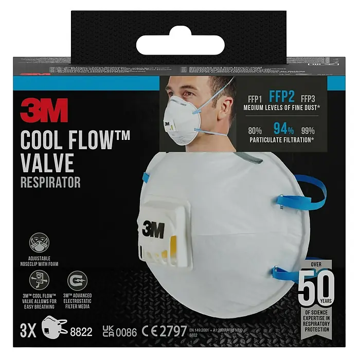 3M Mascarilla de protección respiratoria 8822C3 - Clase de filtro: FFP2 NR D, 3 ud. - Imagen de una mascarilla respiratoria 3M Cool Flow Valve FFP2, que ofrece protección y comodidad.