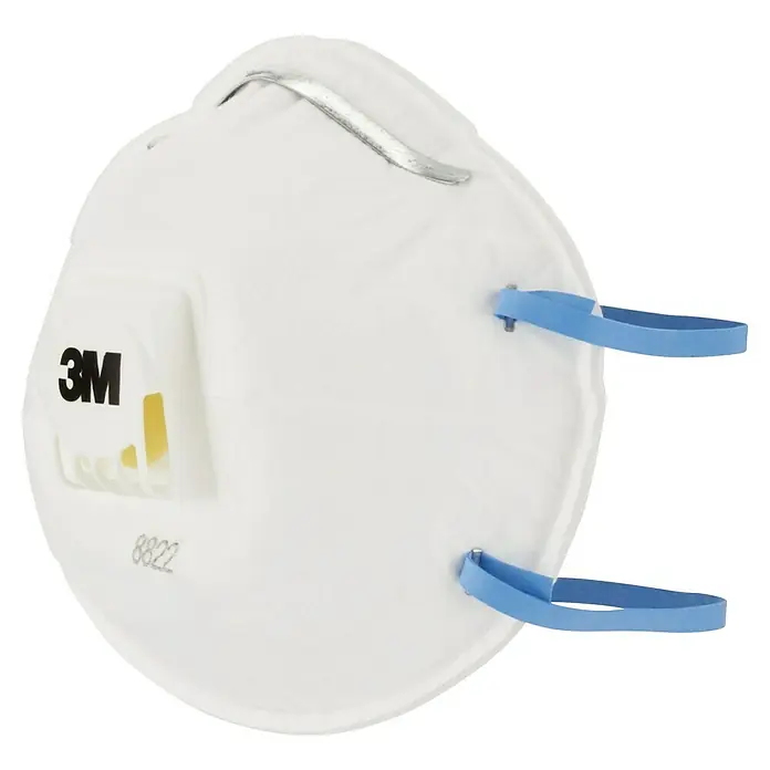 3M Mascarilla de protección respiratoria 8822C3 - Clase de filtro: FFP2 NR D, 3 ud. - Mascarilla respiratoria 3M 8822, una mascarilla blanca en forma de copa con correas azules y pinza nasal metálica.