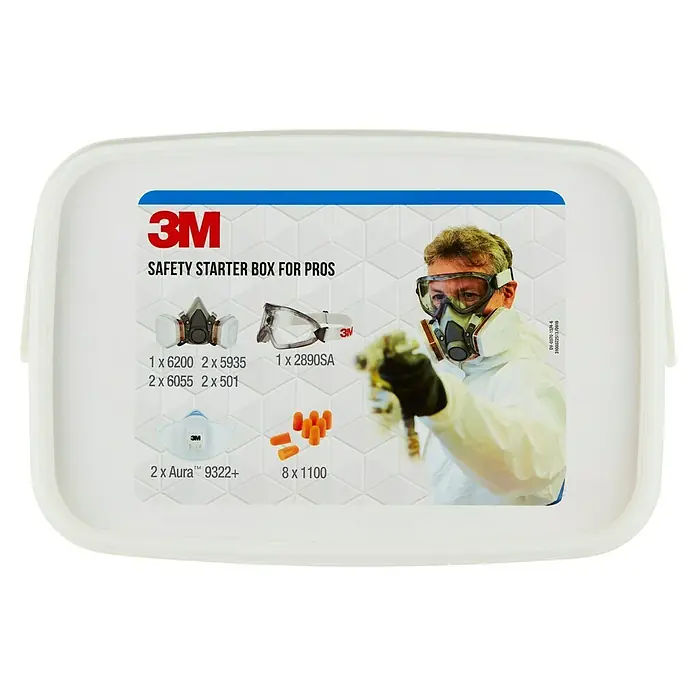 3M Set de pintor - Específico para: pintores - Primer plano de la caja de inicio de seguridad 3M para profesionales, que incluye varios equipos de seguridad como máscaras, gafas y tapones para los oídos.